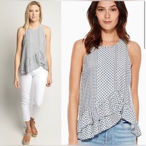 PARKER Ginny Top Blouse Shirt Asymmetric Ruffle Hem Geometric Blue White Pink